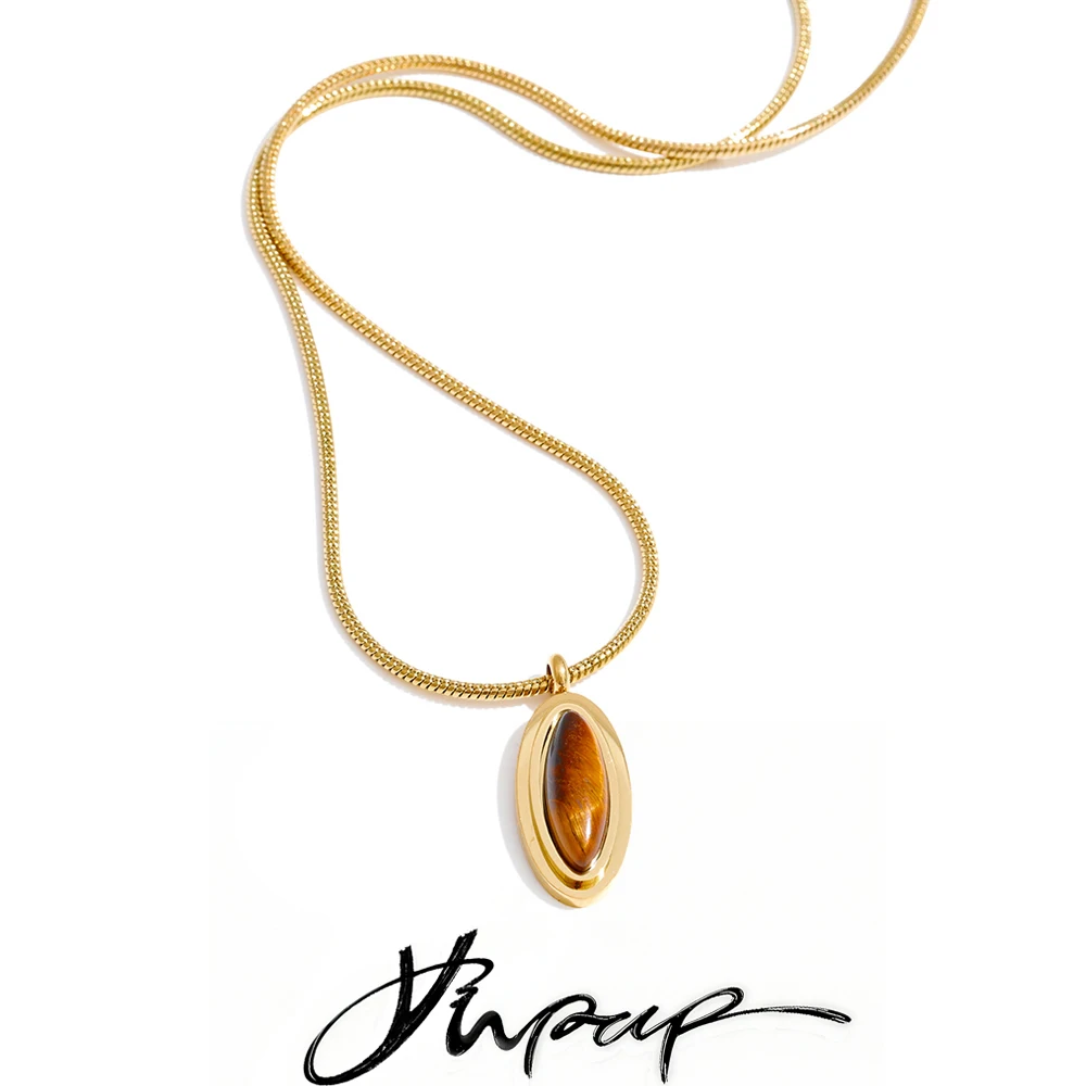 Yhpup Mode Edelstahl Natürlichen Tiger Stein Oval Halskette Anhänger 18K PVD Überzogene Charme Chic Attraktive Frauen Schmuck Geschenk Image