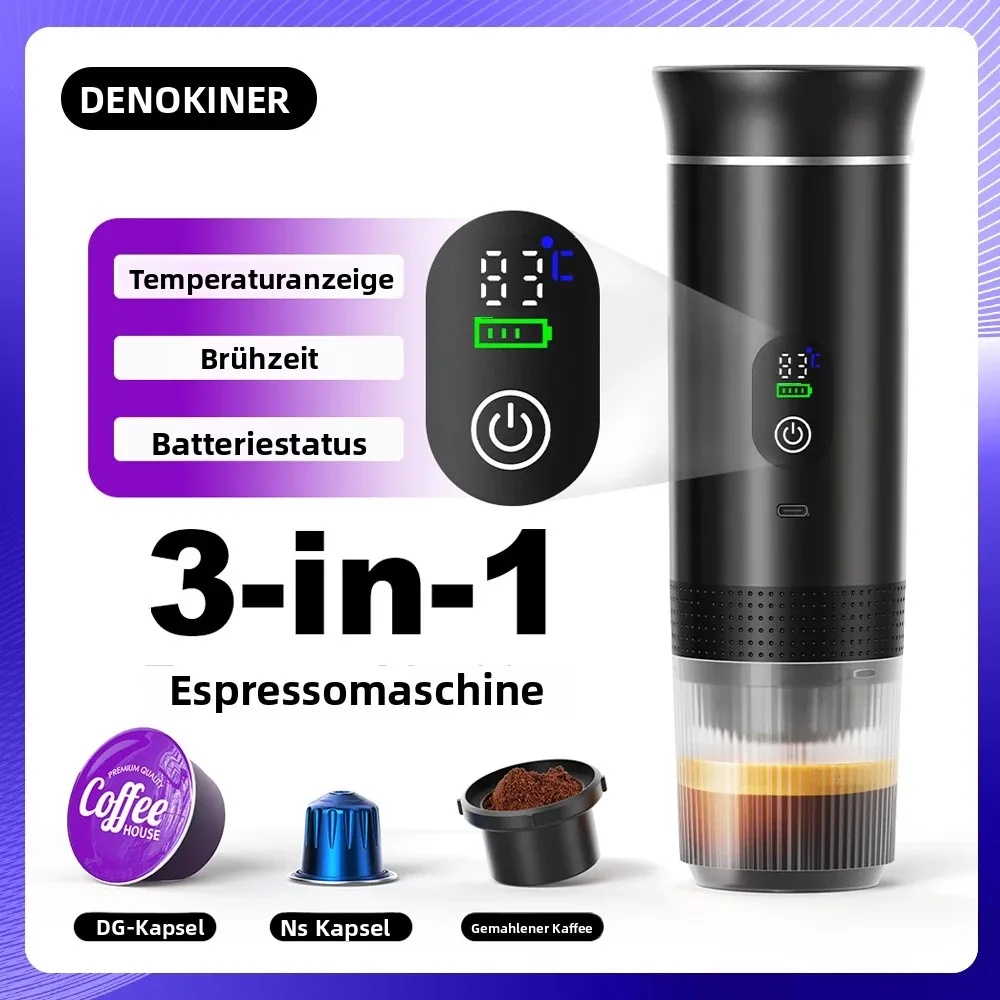 DENOKIN Tragbare Espresso-Kaffeemaschine mit Digitalanzeige 3-in-1 Kapsel-Kaffeemaschine für Auto & Zuhause Camping-Kaffeemaschine Image