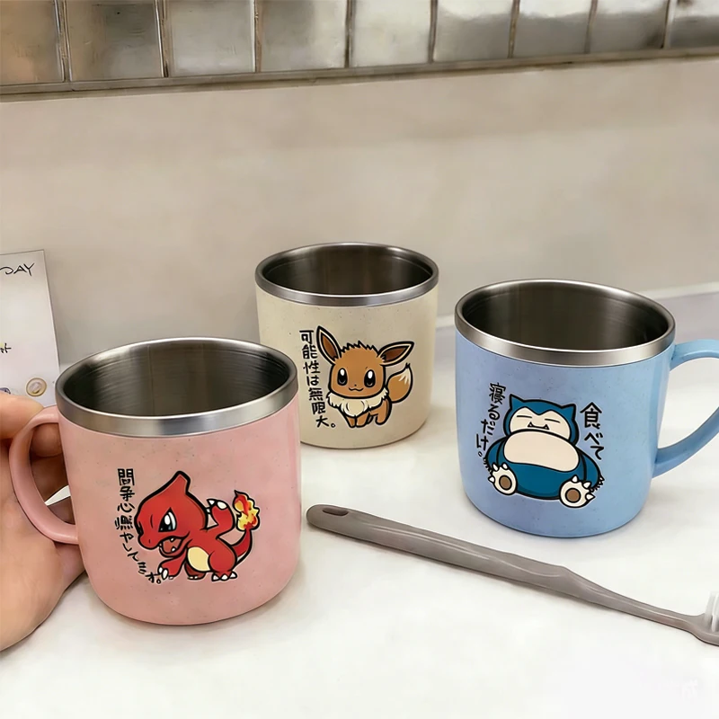Cartoon Pokémon Kaffeetassen Anime Pikachu Snorlax Eevee Wasserbecher Schule Büro Edelstahl Milchtee-Becher Kinder-Trinkbecher Image