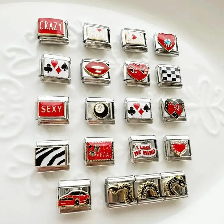 Frauen Männer Mode Rot Schwarz Serie Muster Poker Verrückte Sexy Auto Drachen Perle Charme Italienischen Charme Armband Edelstahl Schmuck