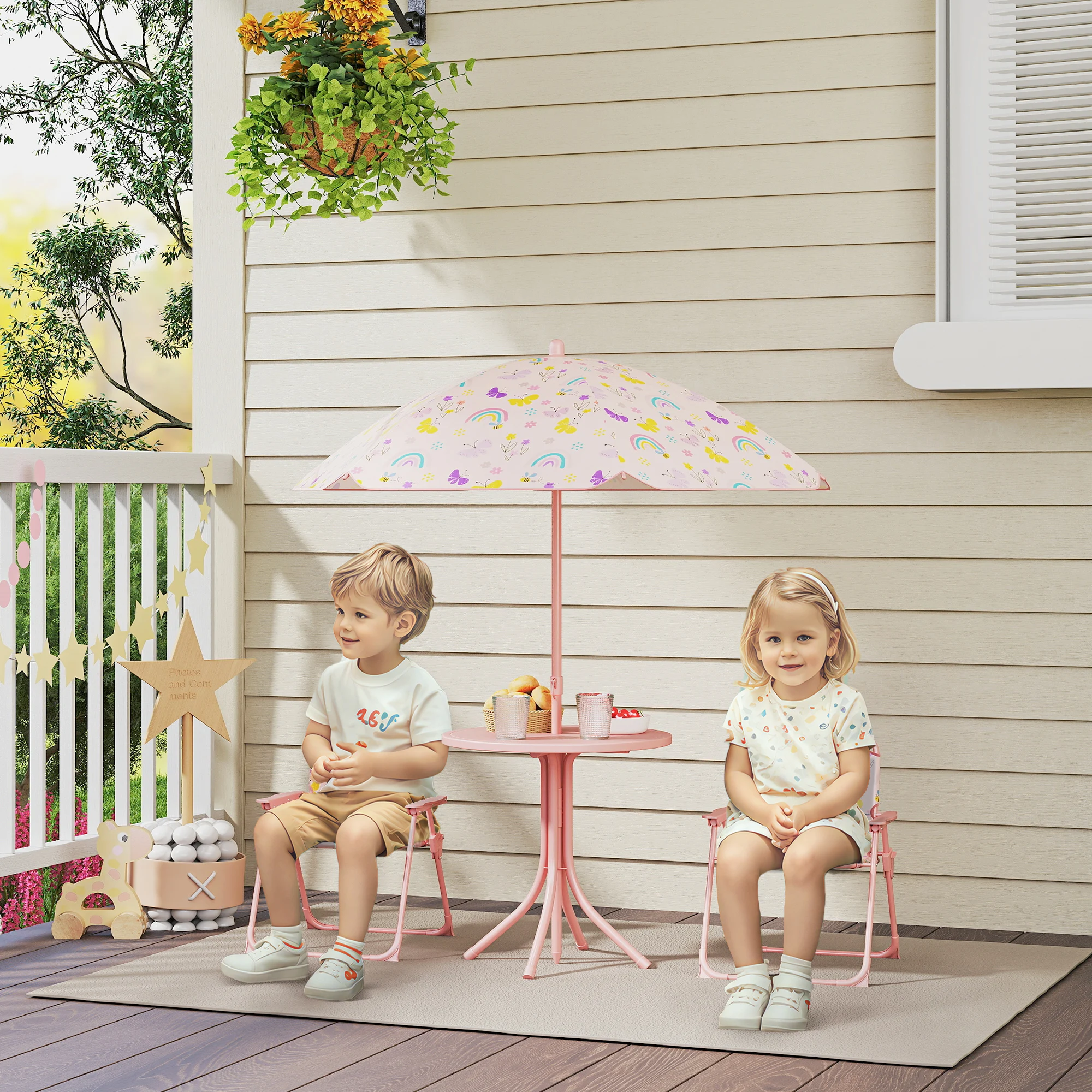 AIYAPLAY 4 tlg. Kindersitzgruppe Garten mit Gartentisch 2 Klappstühle Sonnenschirm
