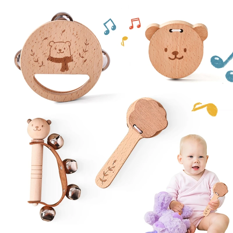 Holz Baby Montessori Rassel Spielzeug Tier Bär Form Hand Glocke Spielzeug BPA FREI Nagetier Zahnen Halskette Lebensmittel Grade Baby Kautable Spielzeug