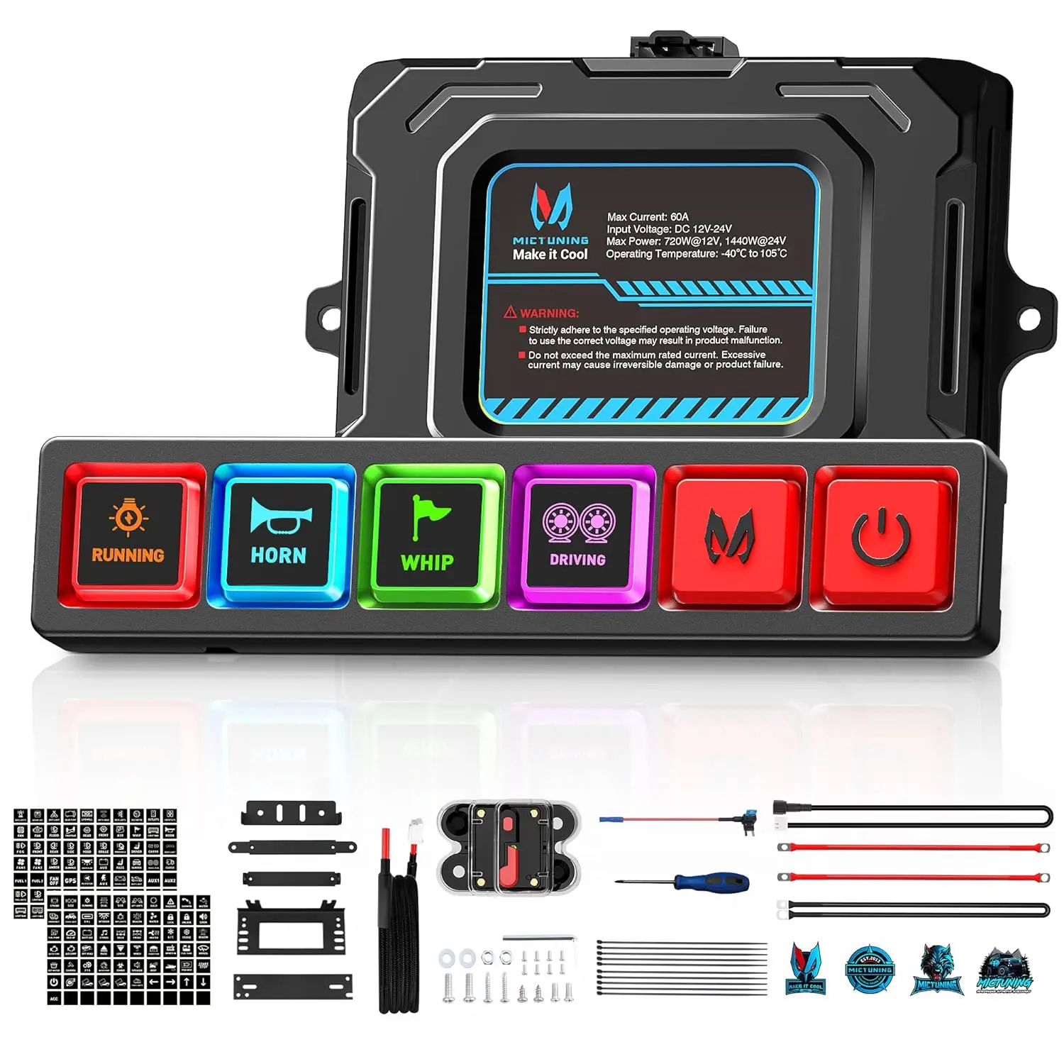MICTUNING P4 Neon-Schalttafel, farbcodierte Silikontasten mit Hintergrundbeleuchtung, universelle Relaissteuerungssystembox für PKW, Pickup, LKW, UTV Image