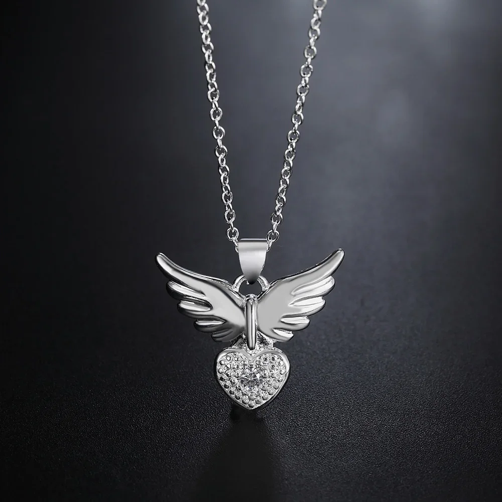 925 Sterling Silber 18 zoll Zirkon elegante Herz flügel Anhänger Halskette Für Frauen Mode Schmuck Weihnachten Geschenke