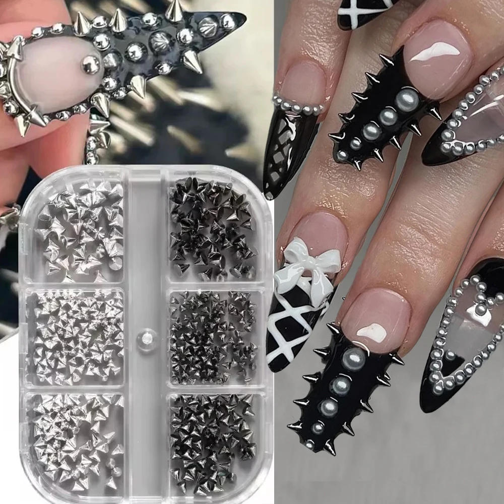 150 Stück 3D Schwarz Silber Metallic Niete Punk Nagel Strasssteine 6Gitter Tiny Cone Spike Nieten Nagel Charms Mixed Aolly Mini Nieten Deco Image