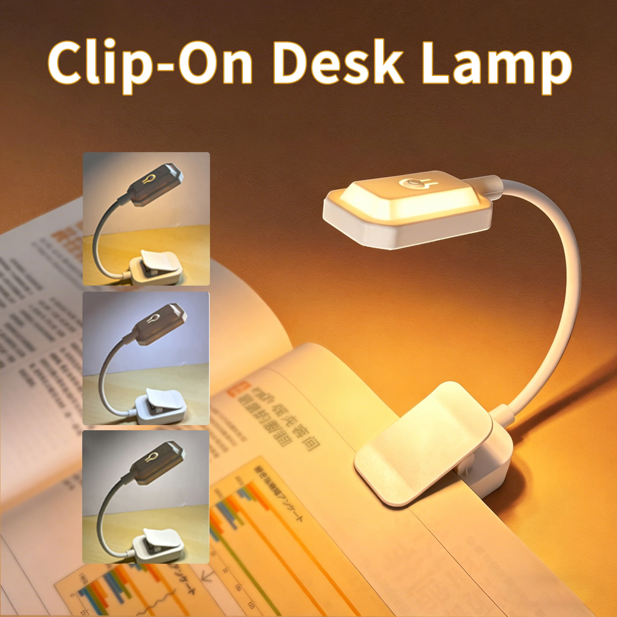 Lampe de bureau LED, mini lampe de lecture, 3 couleurs de lumière, rechargeable par USB, lampe de table à clipser, lampe de lecture pour chambre à coucher, dortoir, voyage