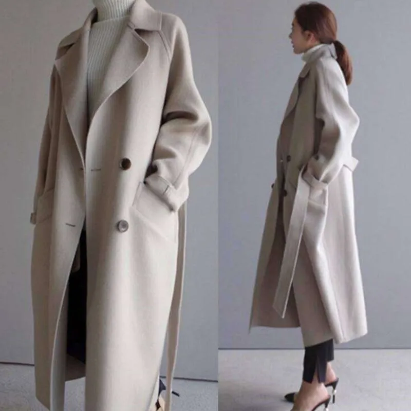 Beige Woolen Jacke Frauen Herbst Winter Casual Revers Lange Mäntel Weibliche Elegante Vintage Koreanische Mode Lose Übergroßen Mantel