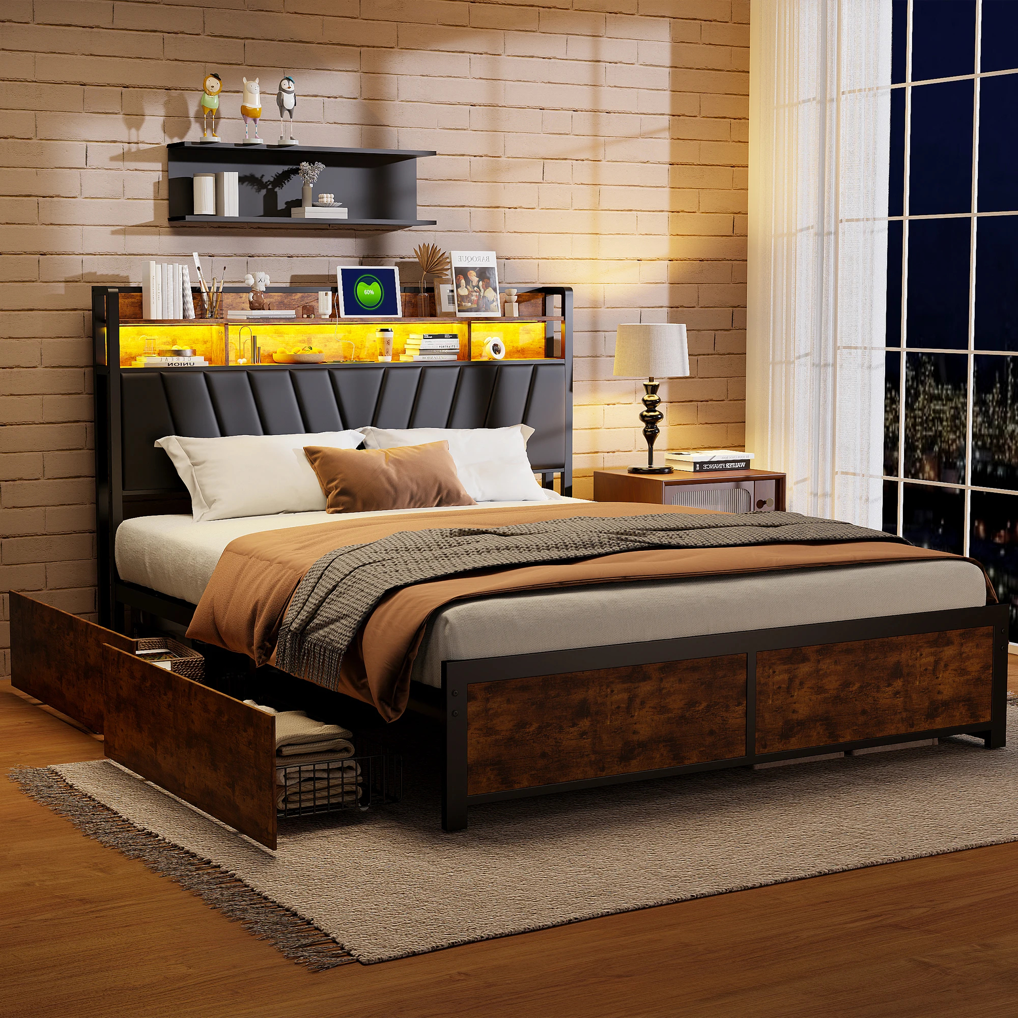 Superaly, 180x200cm Doppelbett aus Stahl und Holz, Eisenbett, gepolstertes LED-Bett mit vier Schubladen, Kopfteil mit LED-Lichtleiste, Ladeanschlüssen und Ablagefächern, Schlafzimmerbett aus Stahl und Holz, Vintage-Bett, Schwarz, Matratze nicht...