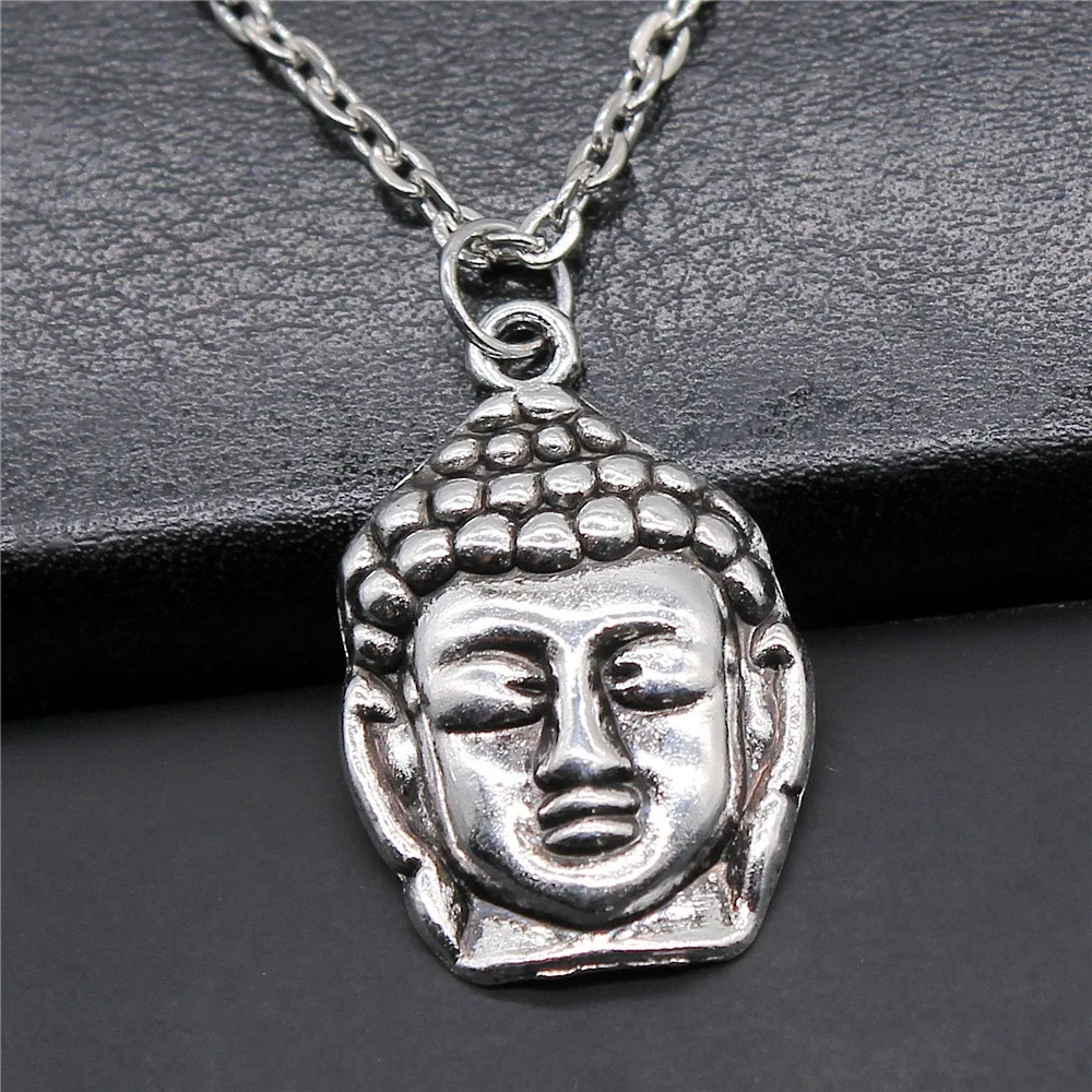 Mode Einfache Vintage Antike Silber Farbe 29x19mm Buddha Kopf Buddha Statue Buddhismus Anhänger Halskette Für Frauen