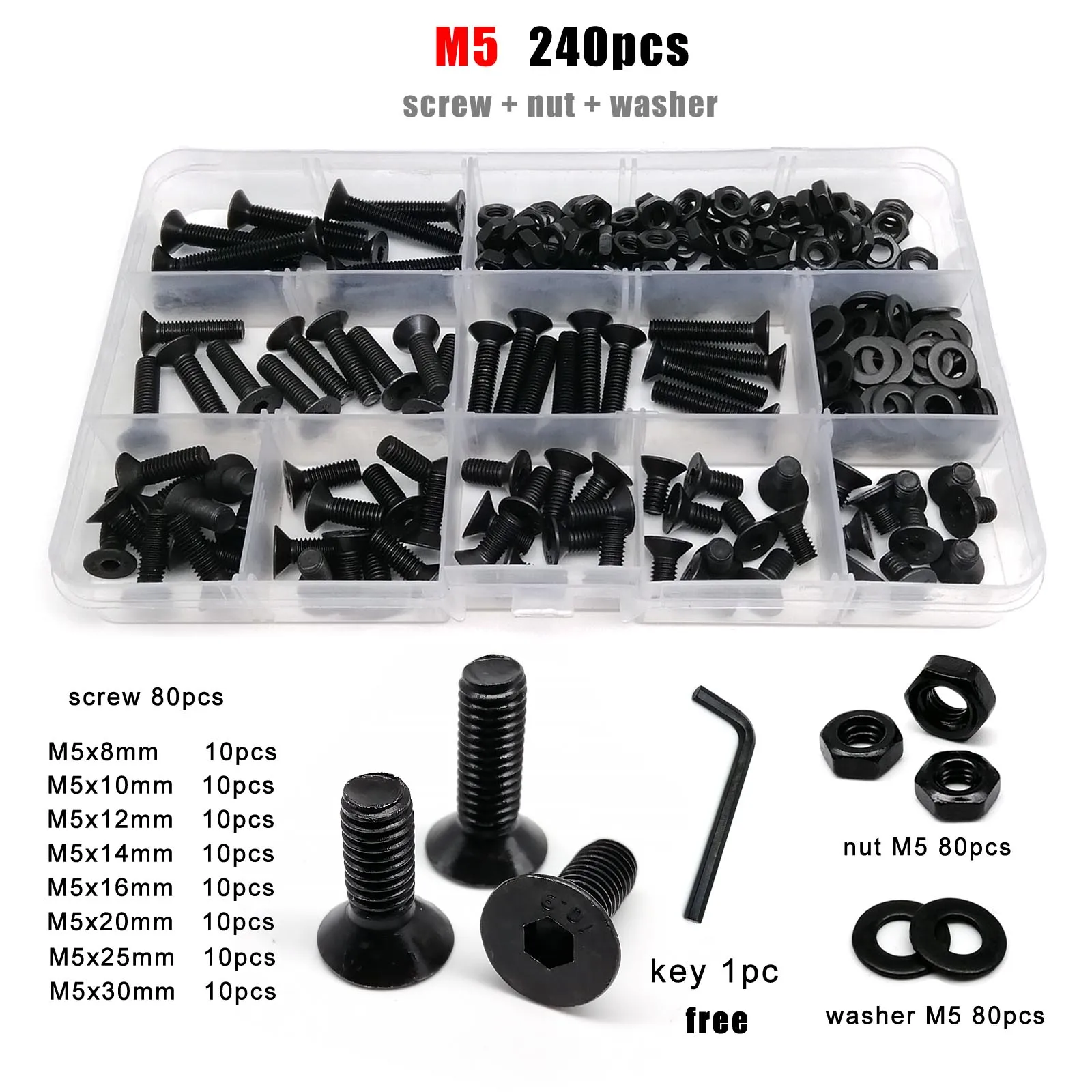 1 Box M2 M2,5 M3 M4 M5 M6 M8 Sechskant Innensechskant Innensechskant Flachsenkkopfschraube Bolzen Mutter Sortiment Kit Schwarz Güteklasse 10,9 Stahl Image