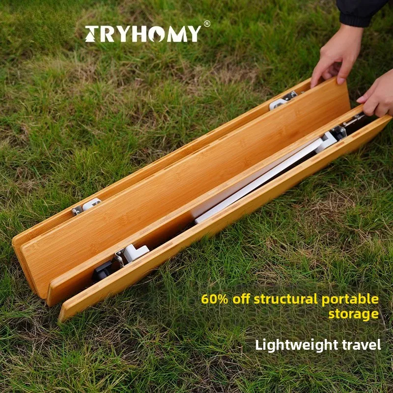 Tryhomy Outdoor-Campingtisch, tragbar, zusammenklappbar, Bambusholztisch, verstellbares Bein, leicht, Picknick-Grillschreibtisch, Neu Image