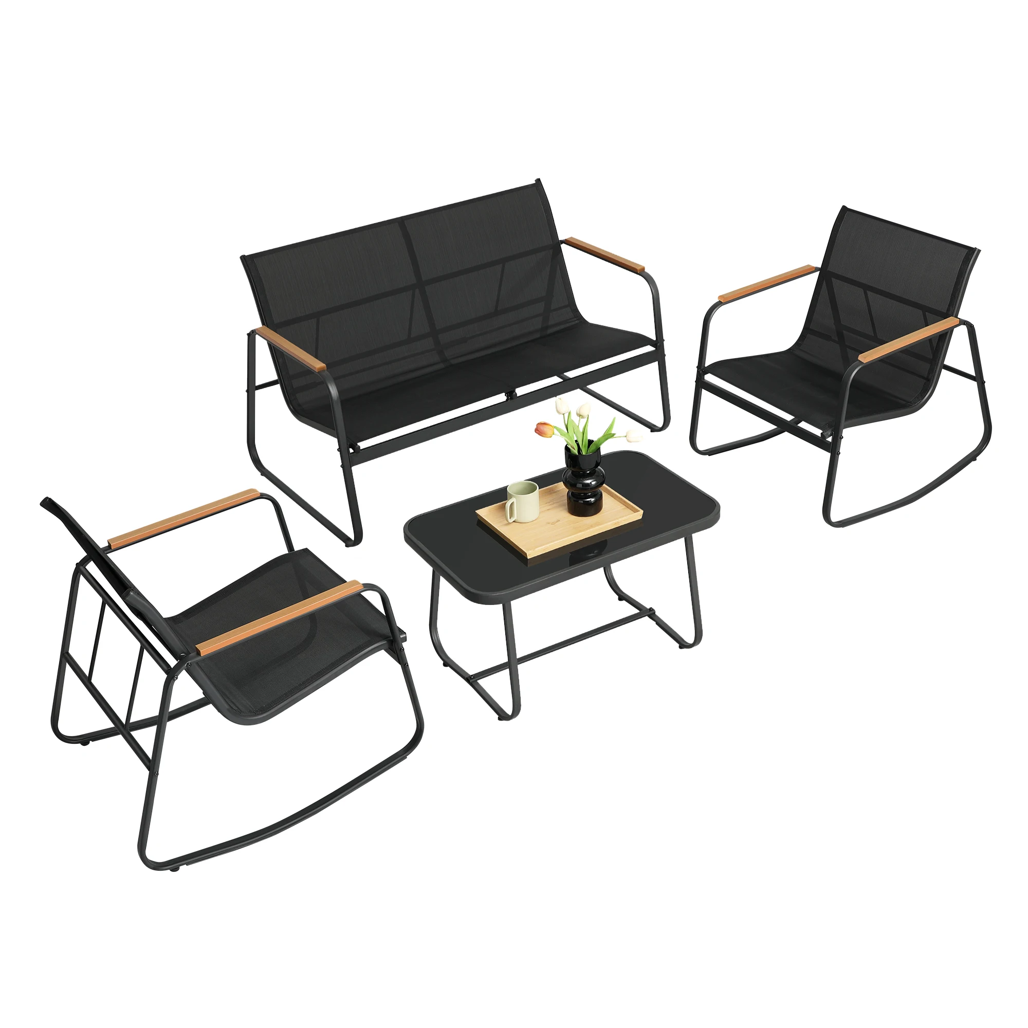 SONGMICS Gartenmöbel-Set, Balkonmöbel, 2 Schaukelstühle mit Tisch, Gartenbank, Stahl, Terrassenmöbel, mit Armlehnen