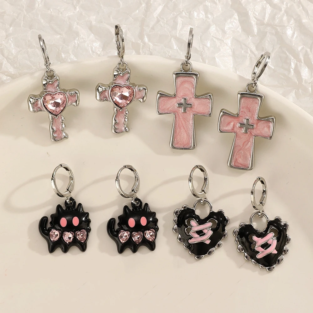 Y2K Stern Herz Rosa Kristall Schleife Kreuz Creolen für Frauen Gothic Rosa Charms Ohrringe Schnalle 2000S Ästhetischer Schmuck