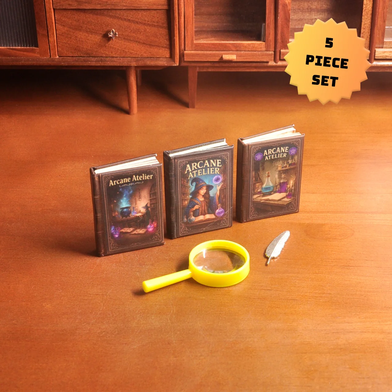 3 ensembles de livres magiques miniatures + 1 marque-page plume miniature + 1 mini loupe, accessoires pour maison miniature, ornements de décoration intérieure, accessoires de scène miniatures,