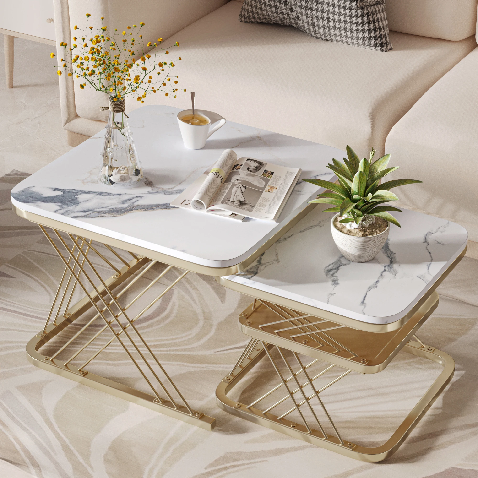 Rosahqnda 2er-Set Couchtisch,Tisch mit weißer Platte und goldener Beinstütze,seitlich eingelassener quadratischer Couchtisch