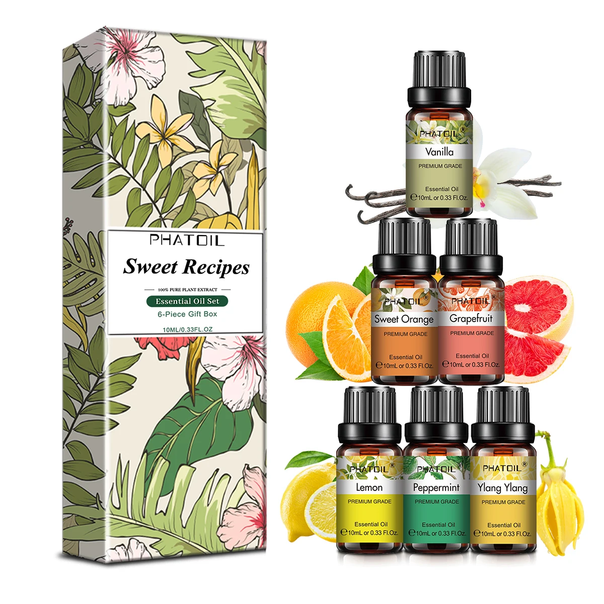 PHATOIL 6 Flaschen Geschenkset mit ätherischen Ölen – 10 ml ätherische Öle mit Aroma von Pfefferminze, Zitrone, Vanille, süßer Orange, Ylang Ylang, Grapefruit Image