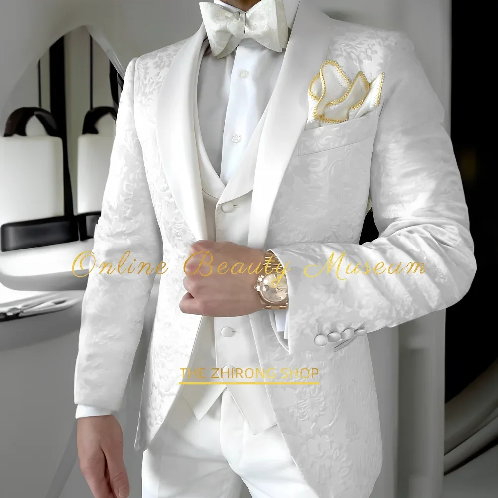 Eleganter weißer Jacquard-Anzug für Herren, 3-teilig, mit Jacke, Weste und Hose, Schalkragen, elegante Kleidung für Hochzeit, Cocktailparty, Geschäftsanlässe, Ball und Feiern.