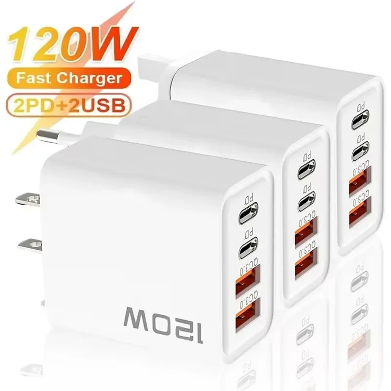 120W 4-Port-Ladegerät USB-C PD Quick Charge 3.0 Typ-C USB-Handy-Ladegeräte Schnellladegerät für Huawei iPhone Samsung Xiaomi Image