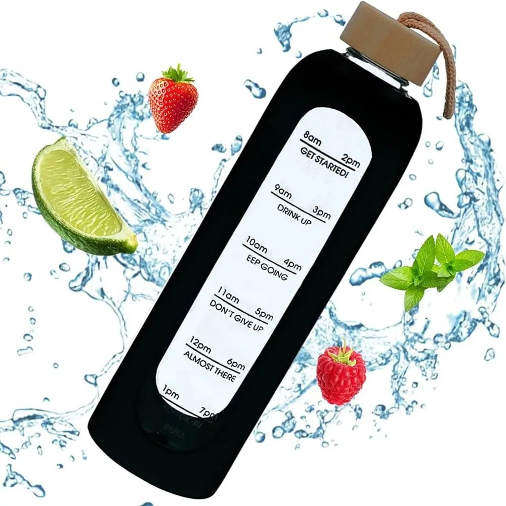 Neue 32oz 1L Zeitmarkierte Glaswasserflaschen Bambusdeckel frei von Blei Motivation Sport Silikonhülle Tragbare GetränkeflascheGeschenk Image