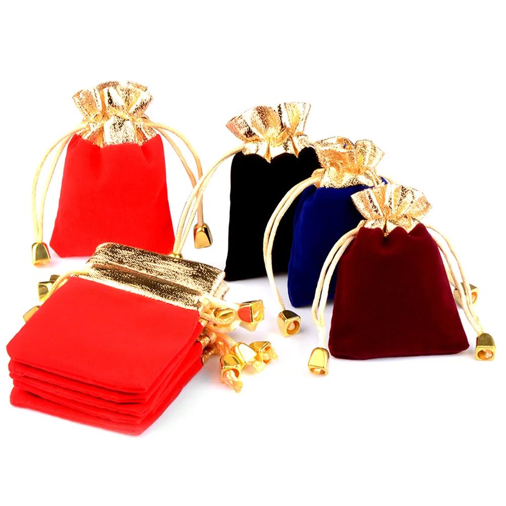 20 teile/los Vintage Samt Schmuck Tasche Gold Farbe Trim Kordelzug Schwarz Wein Rot Blau Geschenk Taschen Hochzeit Schmuck Verpackung Beutel