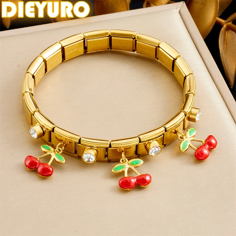 DIEYURO 316L Edelstahl Rot Obst Kirsche Zirkon Armband Für Frauen Dame Neue Klassiker Mode Handgelenk Schmuck Party Geschenk Image