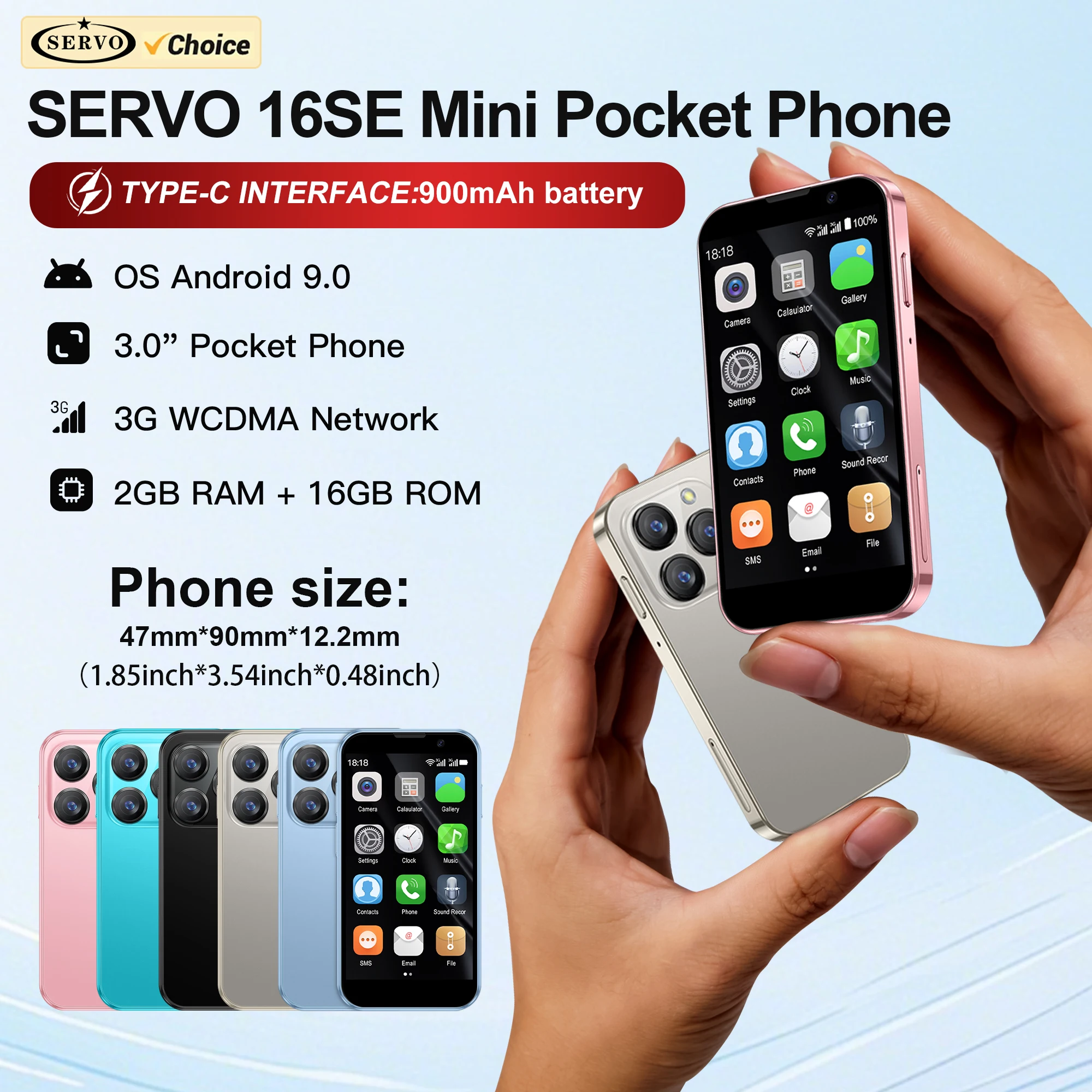 SERVO-Mini-Smartphone, 3,0-Zoll-HD-Display, Android 9.0-Handy, 2 GB + 16 GB, Face-Entriegelung, 3G-Mobilfunk-GPS, kleine Smartphones