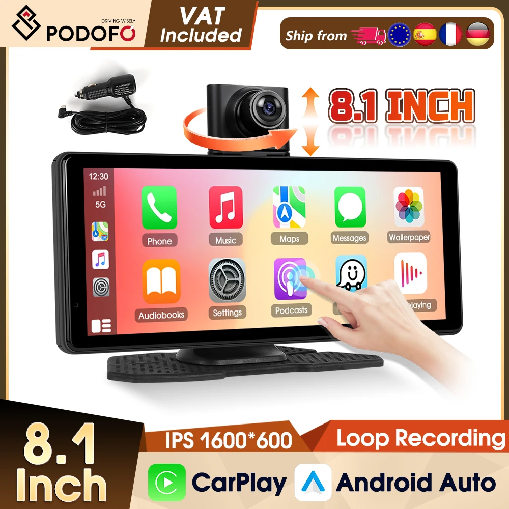 Caméra embarquée Podofo 8,1 pouces avec écran IPS, CarPlay sans fil, Android Auto, moniteur pour voiture, WIFI, FM, AUX, autoradio, lecteur multimédia vidéo