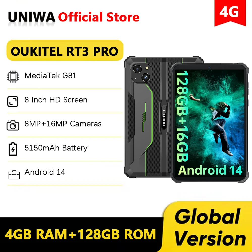OUKITEL RT3 PRO 4G Robustes Tablet 8 Zoll HD-Display 16 (4 + 12) GB + 128 GB wasserdichtes Tablet-Pad 5150 mAh Akku Android 14.0 Tablet-PC Image