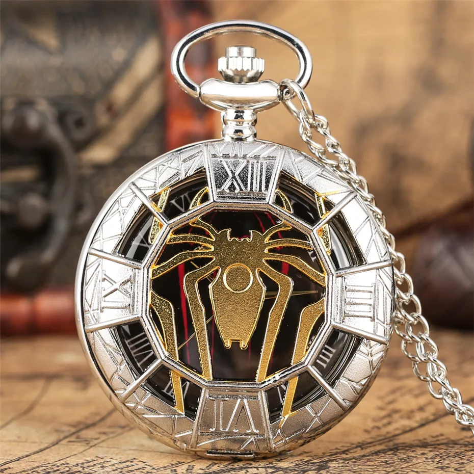 Gold Hollow Spider Design Quarz Taschenuhr Silber Half Hunter Anhänger Halskette Uhr Beste Geschenke Jungen Männer Frauen Neu 2019