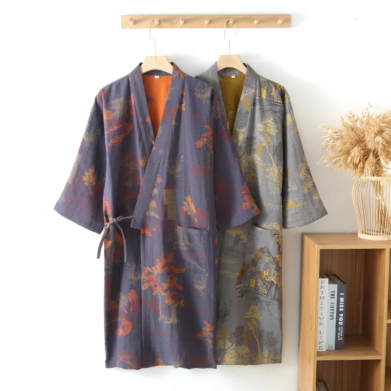 Kimono Robe Baumwolle Pyjama Frühling Sommer lose Doppels chicht Gaze Herren Bademantel Blumen druck Nachtwäsche Lounge kleid Image