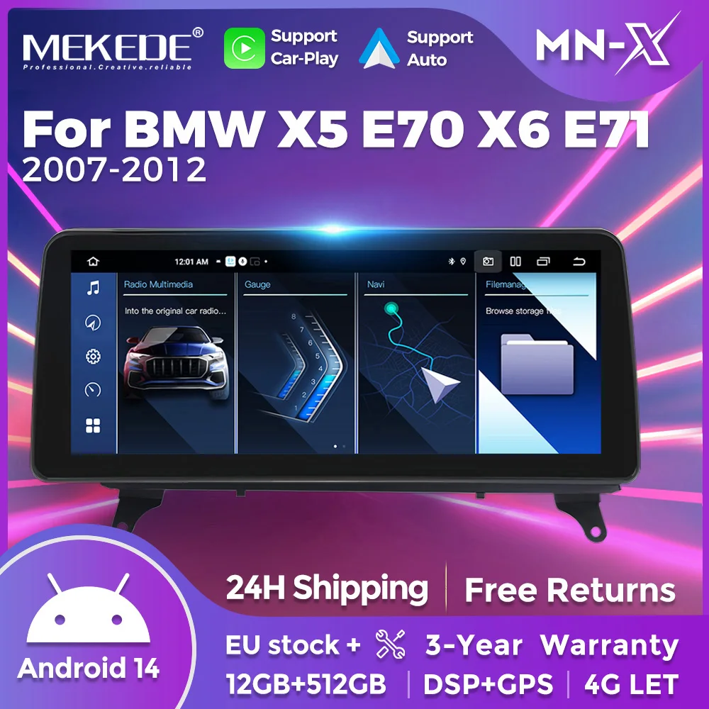 12,3 Zoll 1920*720 Drahtlose Carplay Auto Auto Radio Für BMW X5 E70 X6 E71 2007-2014 4G BT DSP Stereo Android 14 Multimedia Player Image