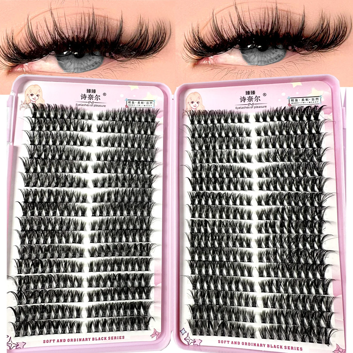 Links + Rechts Wimpernverlängerung Katzen-/Fuchs-Augeneffekt-Wimpern Einzelne Cluster 3D Wispy Natürlich aussehende DIY segmentierte Wimpernverlängerungen Image