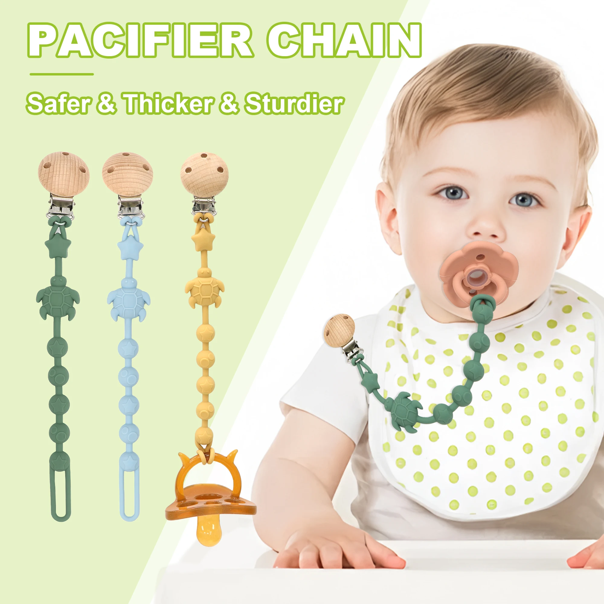 Schildkrötenförmige Schnullerkette, Silikon-Schnullerclips für Babys und Jungen, Kinderwagenzubehör, Silikonhalter. Image