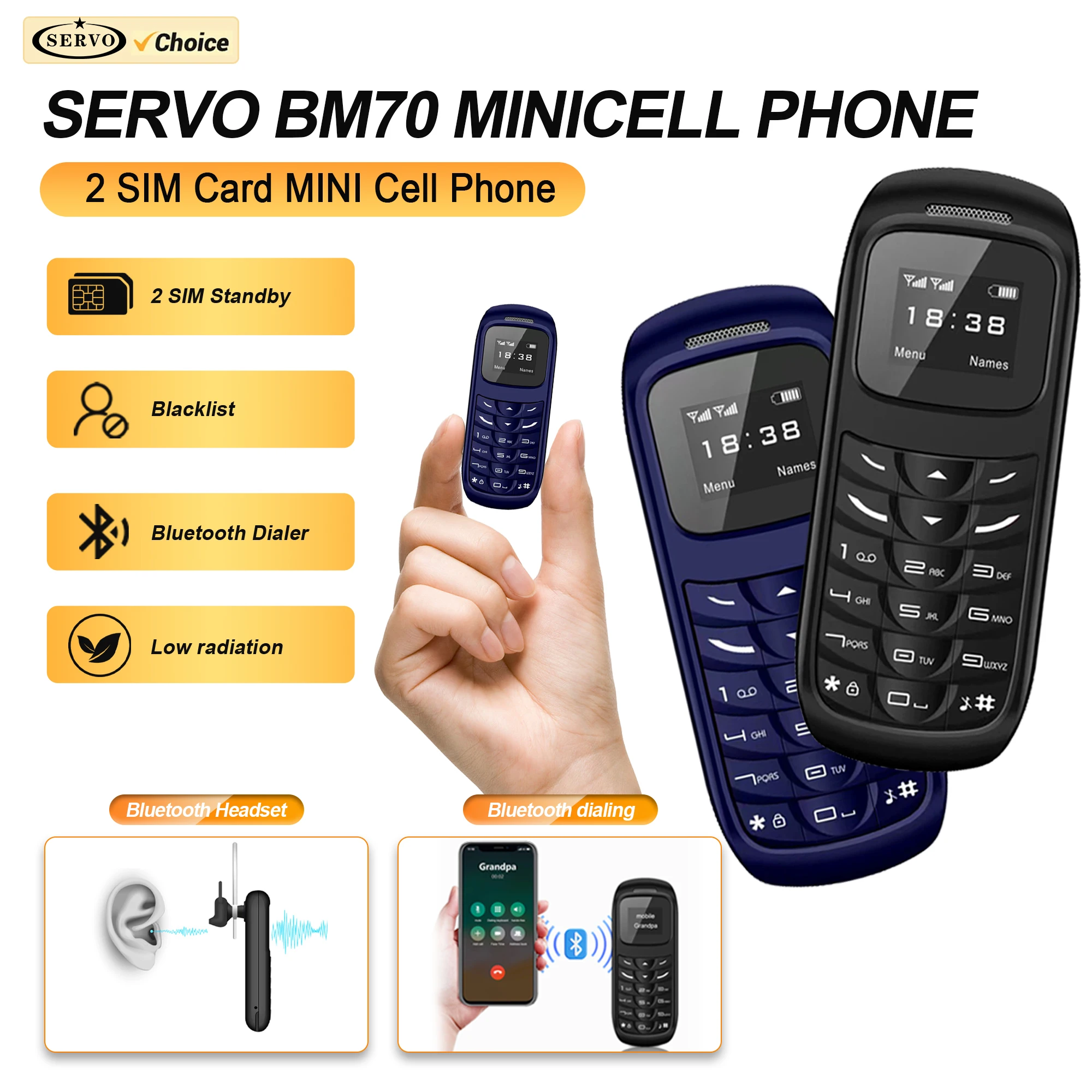 SERVO BM70 Mini-Mobiltelefon Dual-SIM-Standby Bluetooth-Anruf Magische Stimme Blacklist 2G GSM Superkleines Backup-Tastentelefon Image