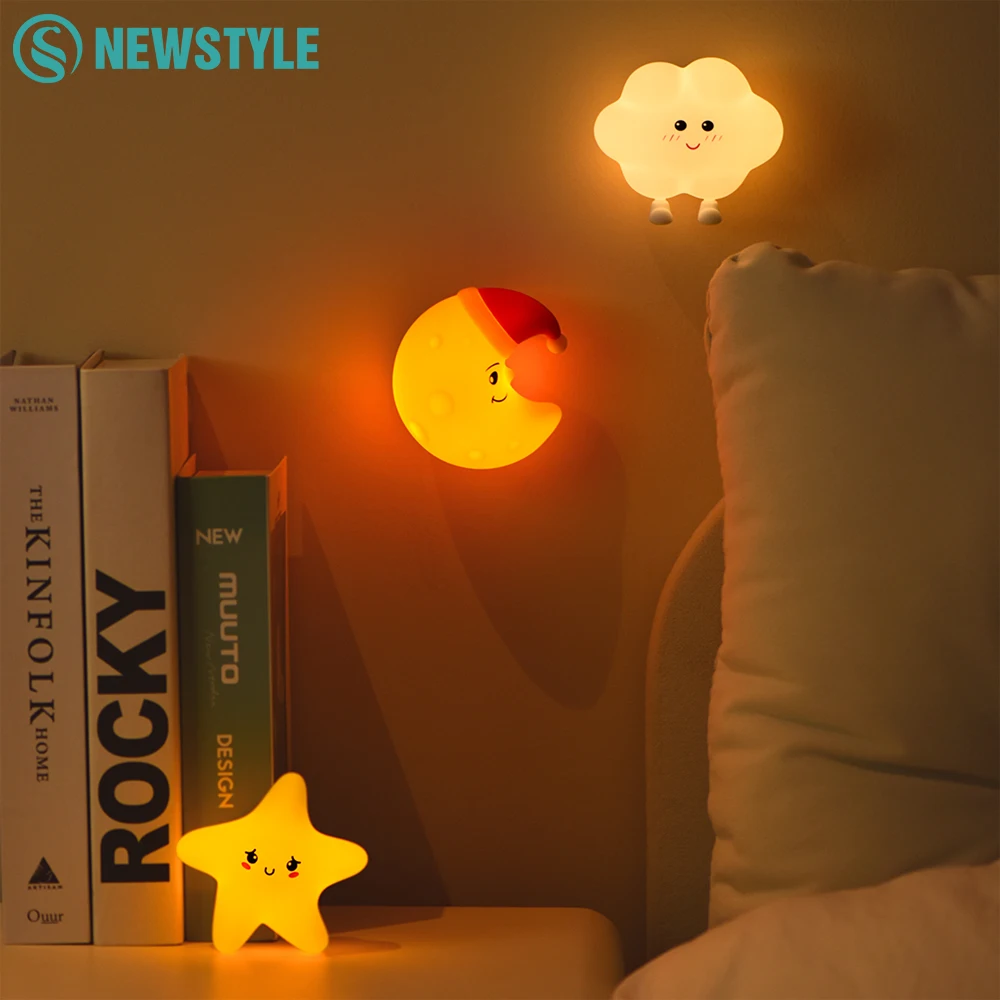 Silikon-Stern-Mond-Nachtlicht, wiederaufladbar, Schlafwand-Nachtlichter, 3-stufige Helligkeit neben der Lampe für Baby-Schlafzimmer-Dekoration