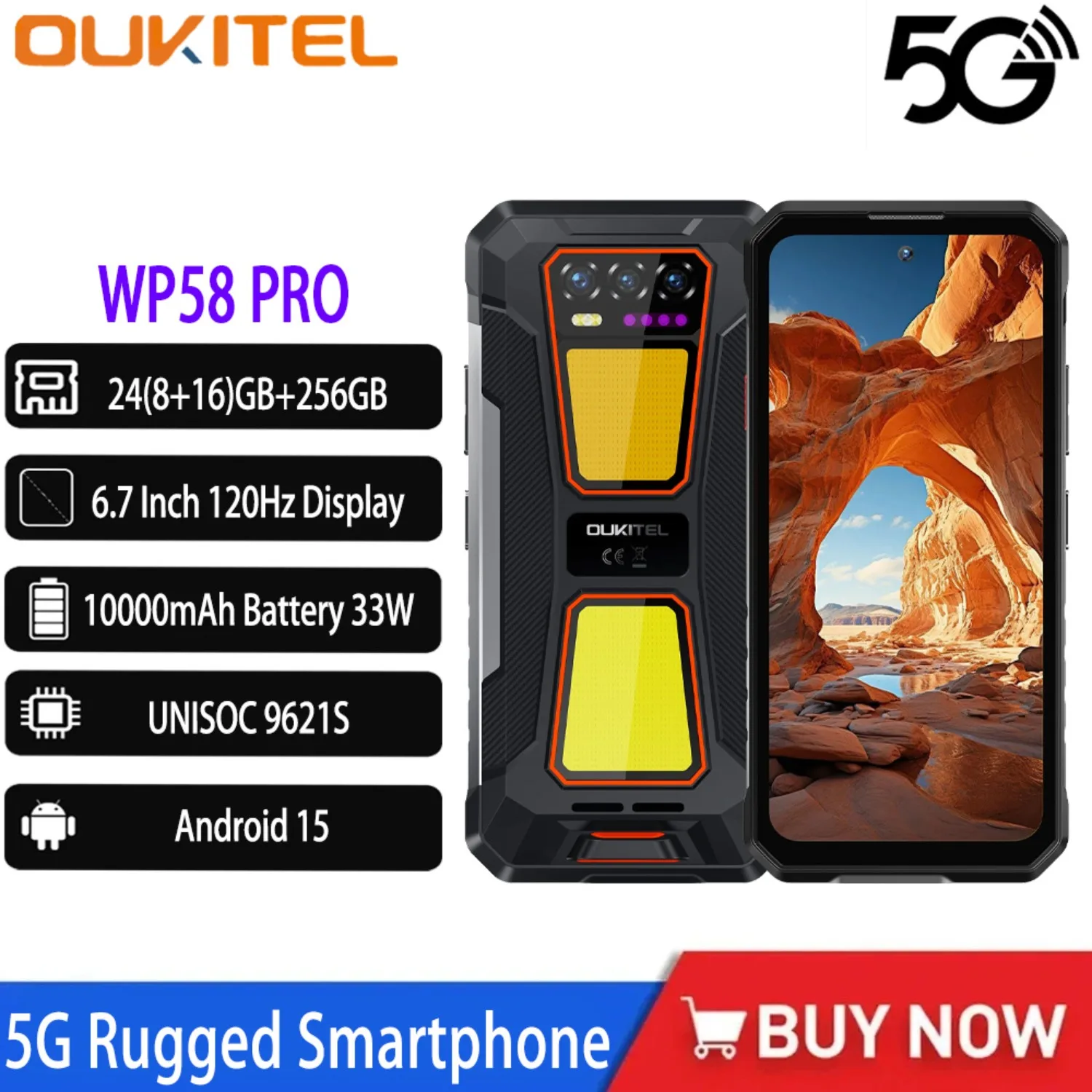 OUKITEL WP58 PRO 5G Robustes Smartphone 6,7 Zoll 120 Hz Display 24 (8+16) GB + 256 GB 1000 Lumen Dual Camping Lights Android 15 Mobiltelefon Image
