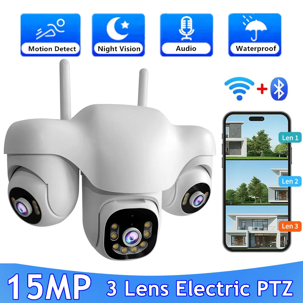 15MP Drei Objektiv PTZ WiFi IP Kamera Drahtlose Outdoor 2-Wege Audio Menschliches Auto Tracking Überwachungskameras Bluetooth IP CCTV Cam Image