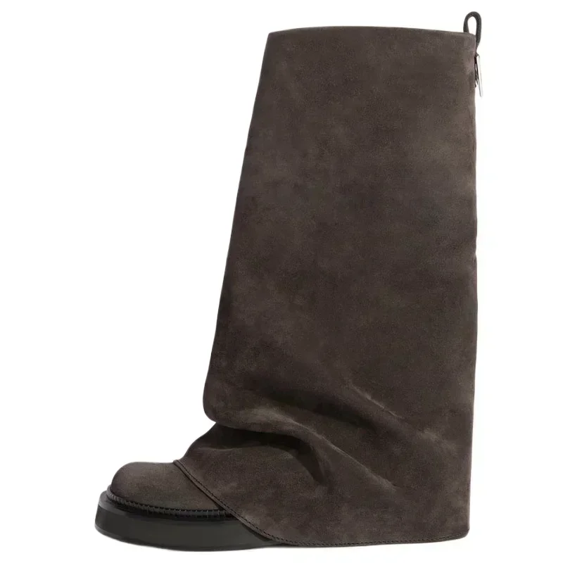 Neue große Wand flache Unterseite runde Zehenärmel kniehohe Plissee Damenstiefel Retro Ritterstiefel Schuhe für Damen