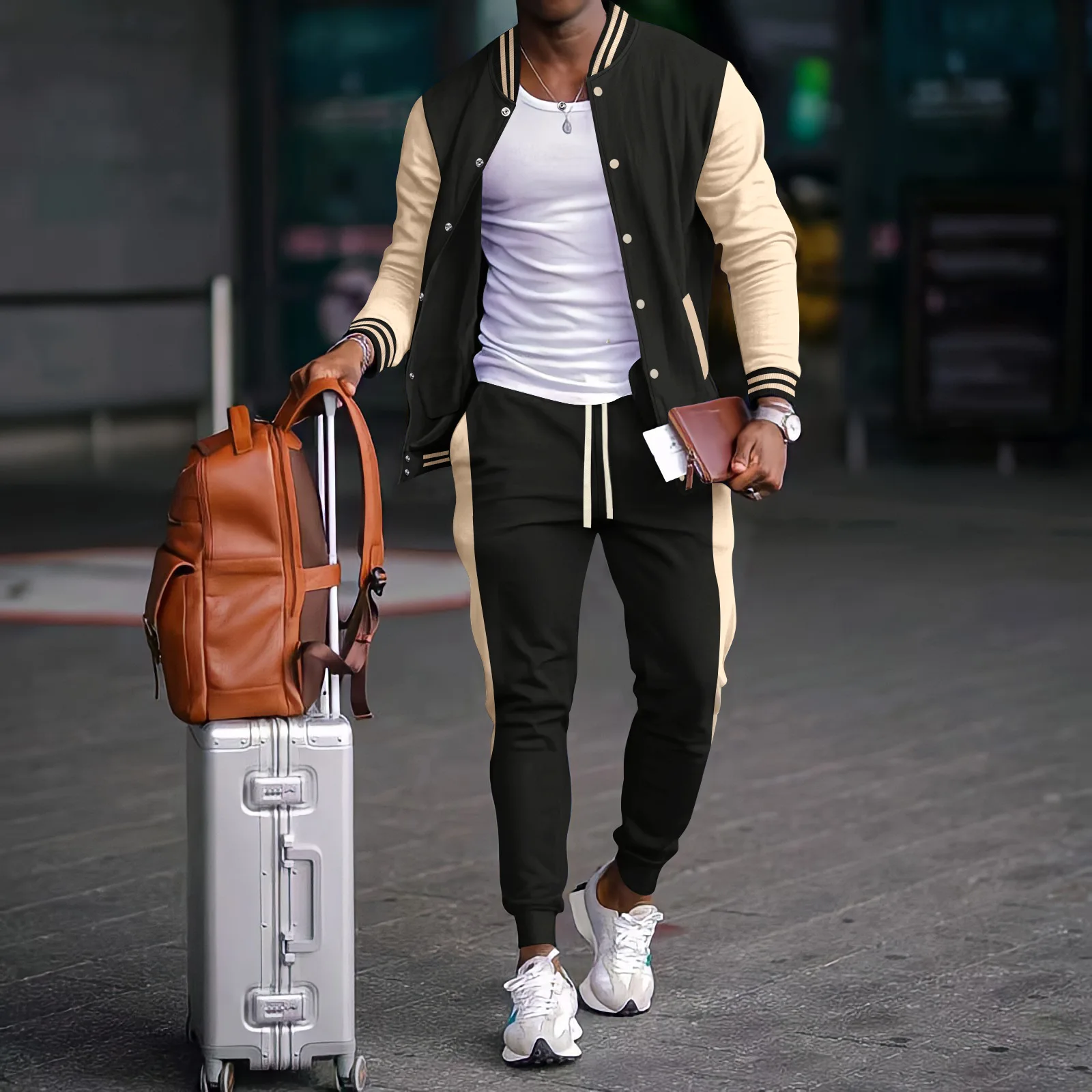 Herbst und Winter neuer dicker Baseballanzug lässiger Herren-Strickjacke mit Stehkragen, passende Farbe, Sport-Langarm-Hosenanzug Image