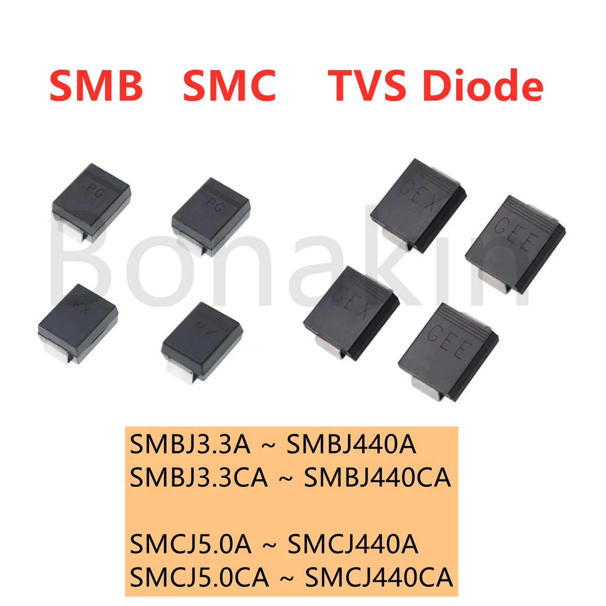 TVS-Dioden SMBJ SMCJ 3,3CA 5,0CA 6,0CA 6,5CA 12CA 15CA 16CA 18CA 20CA 24CA 26CA 28CA 30CA 33CA 36CA unidirektional bidirektional Image