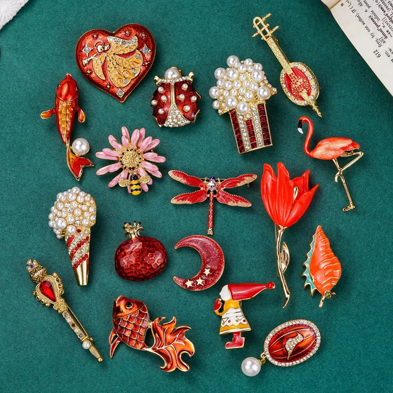 Vintage Palast Blumen Barock Brosche Rote Emaille Perlen Brosche Anstecknadel Damen Party Accessoires Image