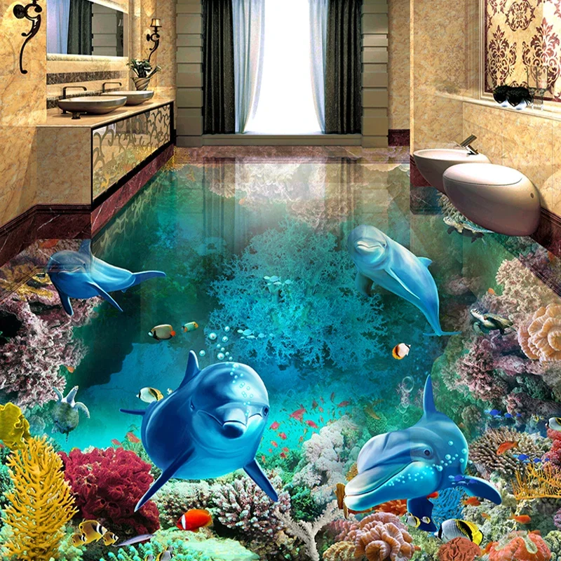 Nach 3D Boden Malerei Wandbild Foto Tapete Unterwasser Welt Delphin Wohnzimmer Bad PVC Wasserdichte Papel De Parede 3D