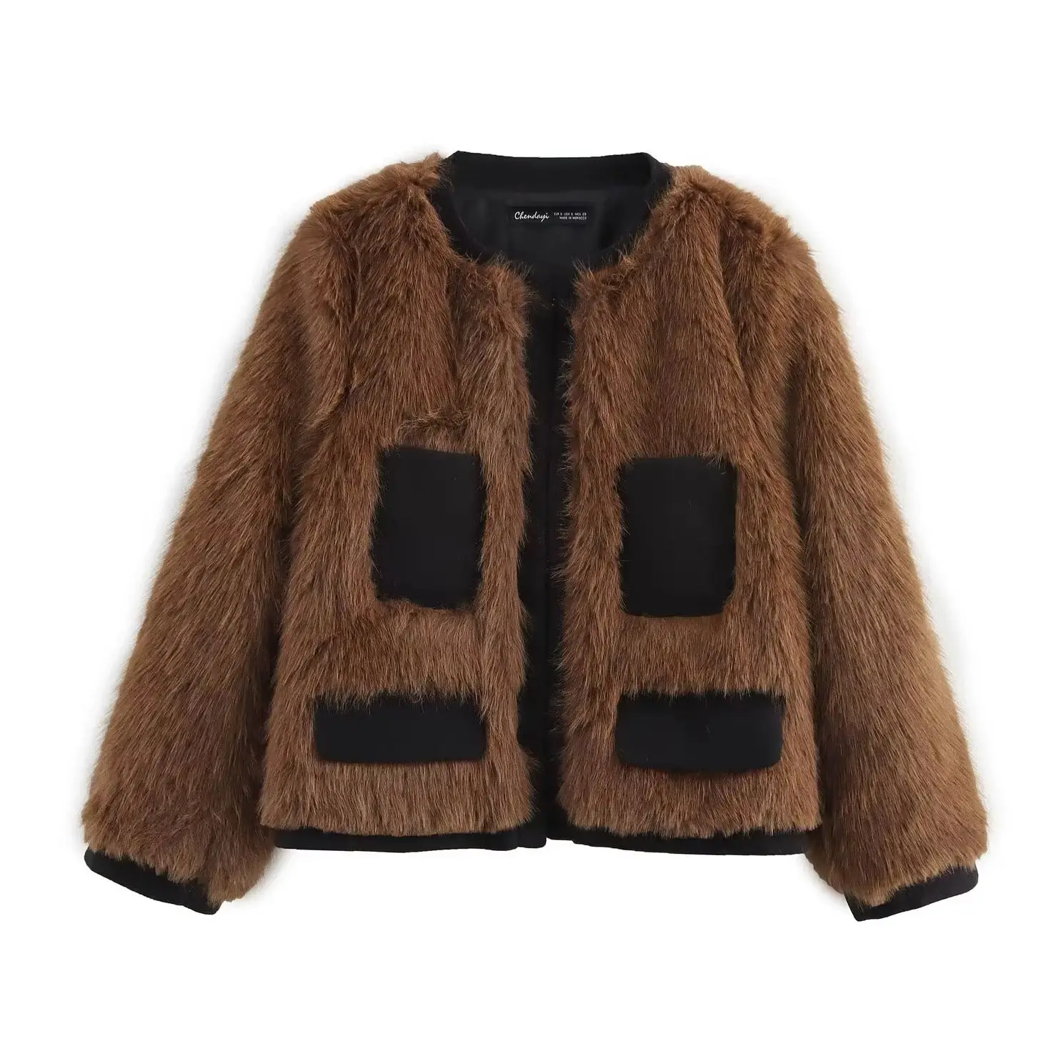 KONDALA Vintage Braun Patchwork Frauen Outwear Faux Pelz O Neck Edle Streetwear Jacke Mode 2025, Herbst Nacht Party O Neck Mantel