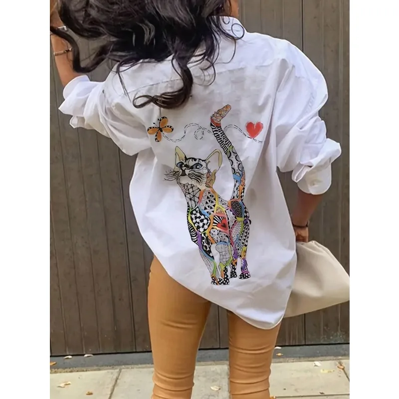 Plus Größe 1XL-5XL Damenmode Frühling Herbst Katze Print Bluse Shirt Damen Casual Weißes Hemd Tops Image
