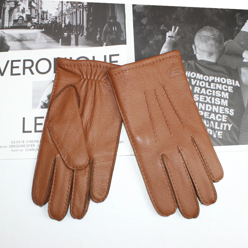 Hohe qualität männer hirschleder handschuhe Touch screen saver warme wolle stricken futter hand genäht stilvolle well leder fahren handschuhe Image