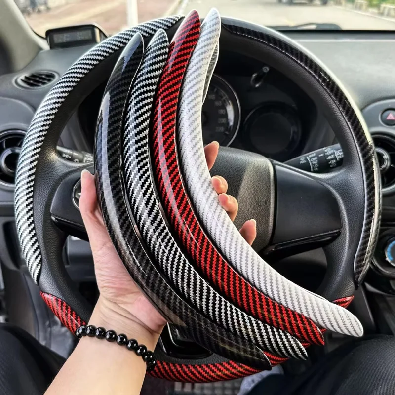 Housse de volant de voiture universelle en fibre de carbone de 38 cm, antidérapante, avec protection pour la poignée du volant, housse de protection pour volant de voiture