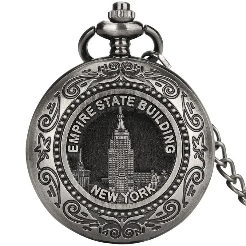 Antike Taschenuhr für Herren und Damen, Quarzwerk, New York Empire Building Design, Halskette, FOB-Kette, Sammleruhr Image