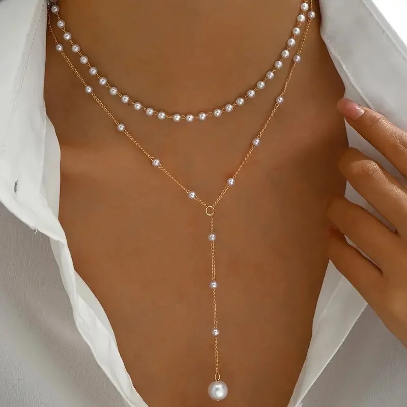 ZAKOL Koreanische Mode Imitation Perle Doppel Layered Halsband Große Kugel Perle Anhänger Quaste Halskette frauen Sexy Party Körper Schmuck