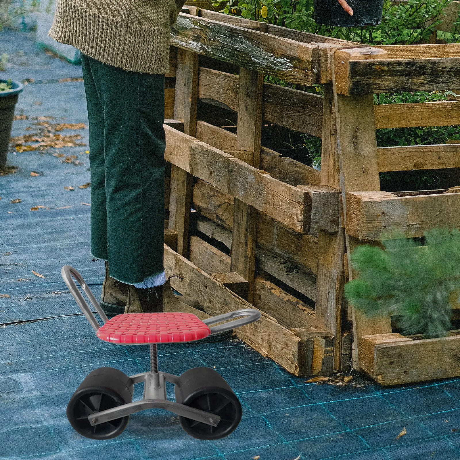 Gartenhocker mit Rollen, Gartenhocker-Zubehör, Gartensitz mit Rollen, rollender Gartensitz, Gartenhocker-Rad