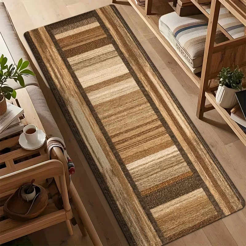 Vintage Geometrischer Gestreifter Läufer Teppich Rustikaler Farmhaus Geometrischer Rutschfester Teppich Neutraler Boho Flur-Teppich für Wohnzimmer Küche Image